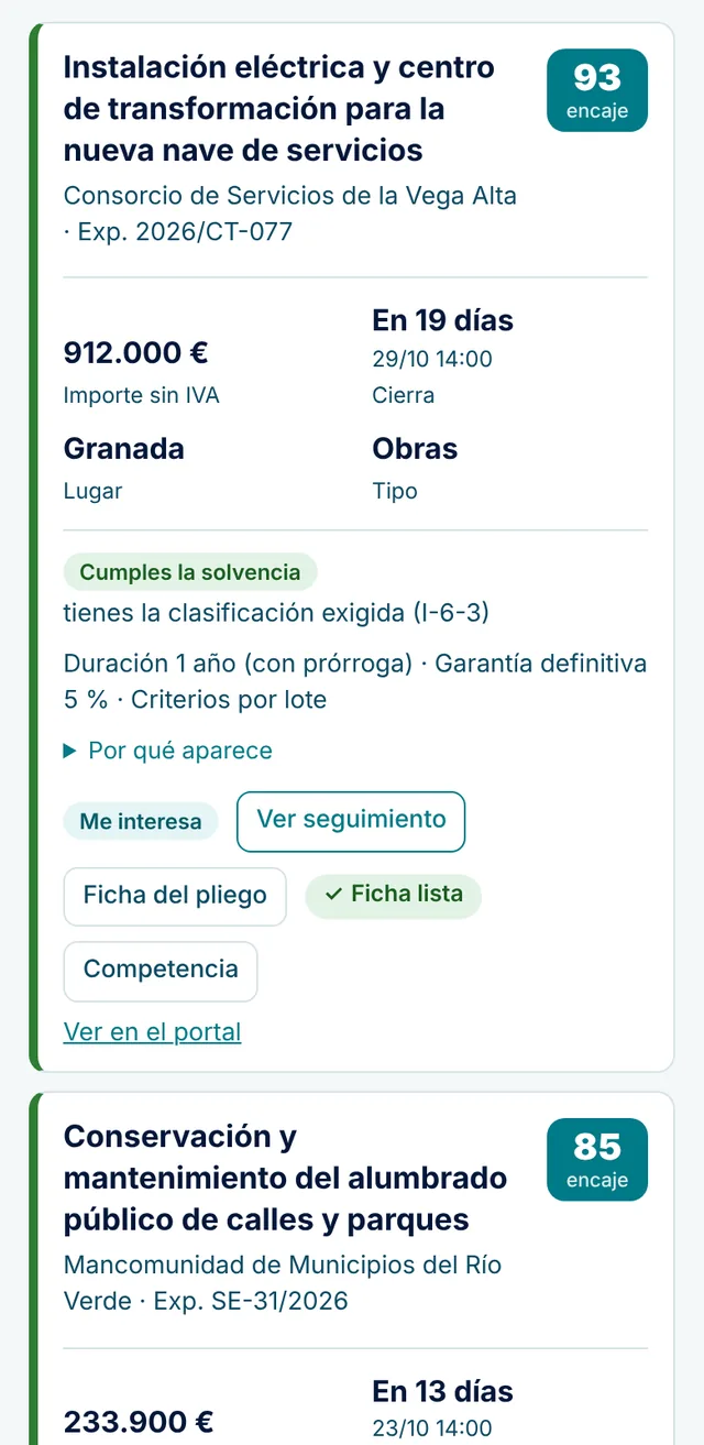 Una licitación de ejemplo en la pantalla de un teléfono, con su puntuación, importe, cierre, solvencia y botones.