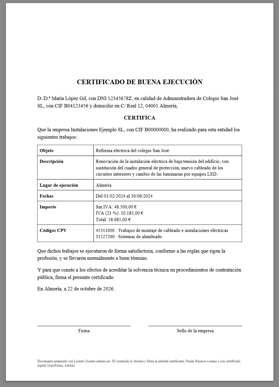 Certificado de buena ejecución de ejemplo en PDF: datos del firmante, tabla con objeto, descripción, lugar, fechas, importe y códigos CPV, y huecos para la firma y el sello.